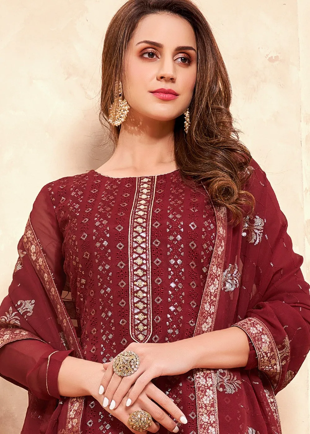 Sequins Embroidered Maroon Pakistani Style Suit