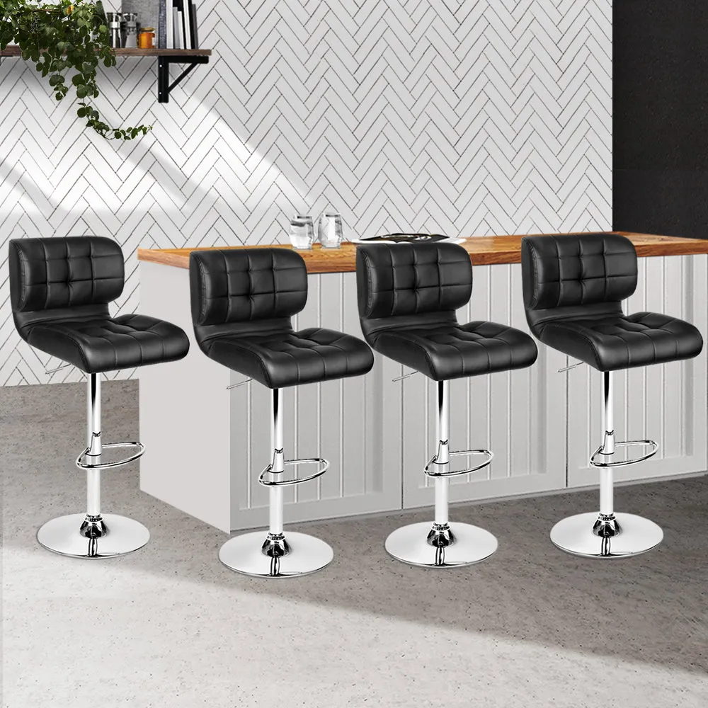 Set of 4 PU Leather Gas Lift Bar Stools - Black and Chrome