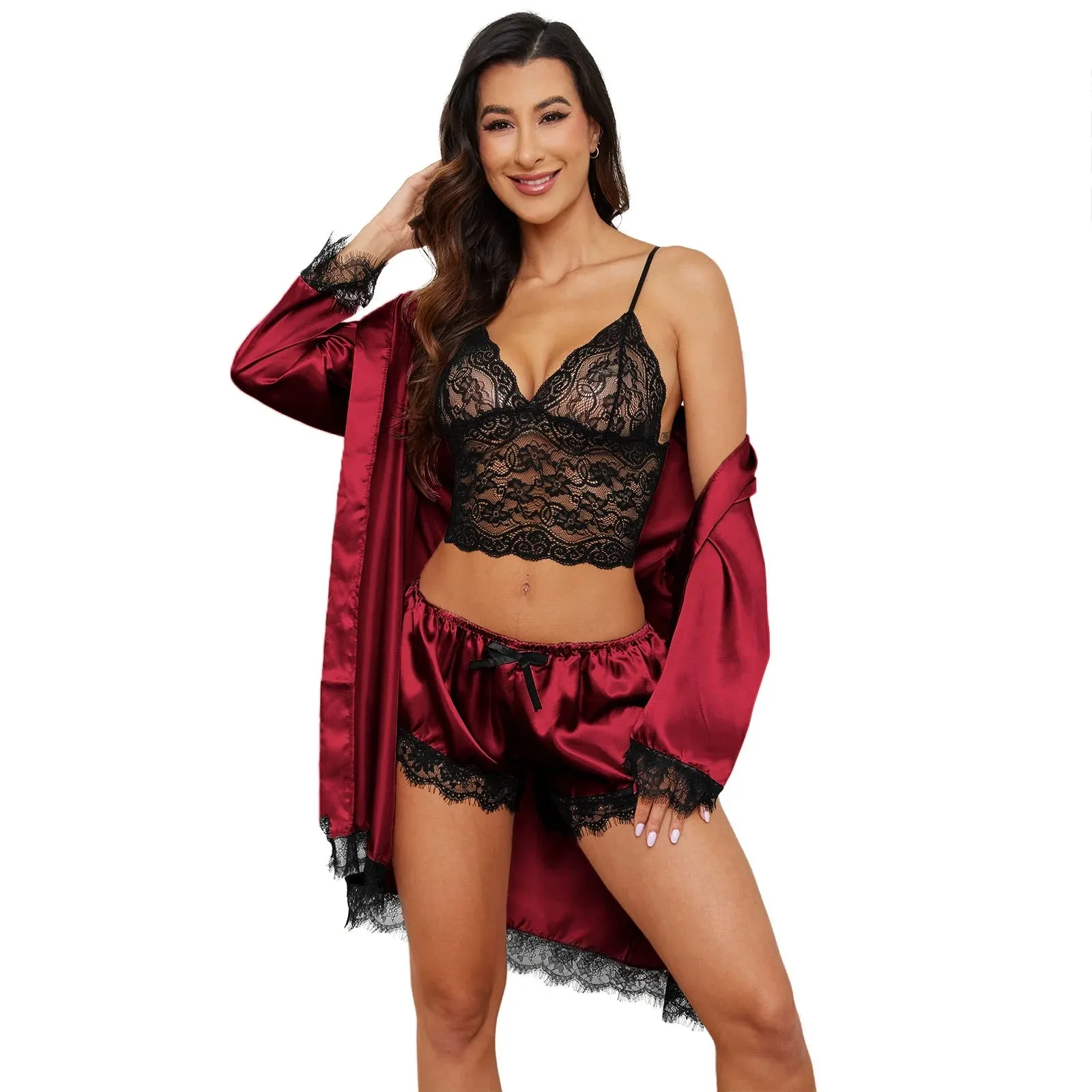 Sexy Lingerie,  Silk Satin Pajamas for Women, Womens Summer Pajamas Pjs Sets of 4 Pcs with Floral Lace Top Shorts and Robe, Gift for Women, Burgundy, XXL