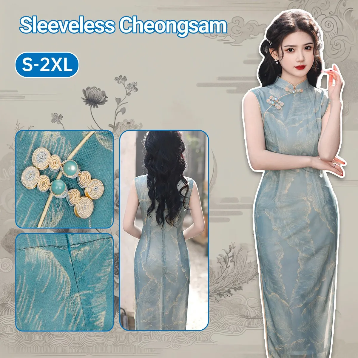 Sleeveless Blue Floral Cheongsam Dress