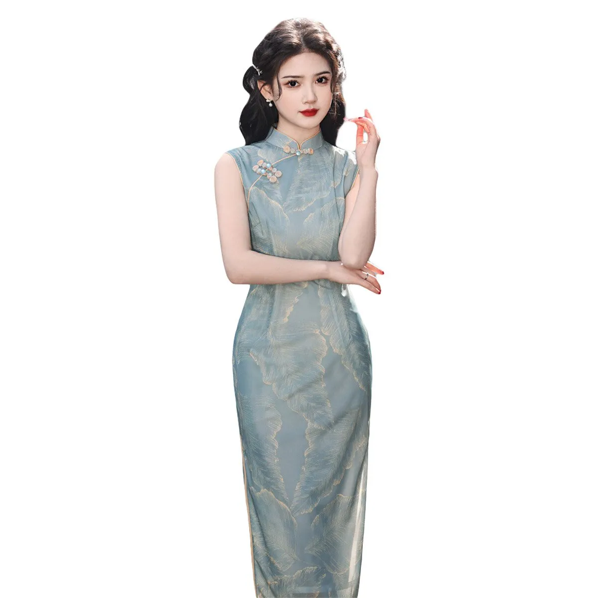 Sleeveless Blue Floral Cheongsam Dress