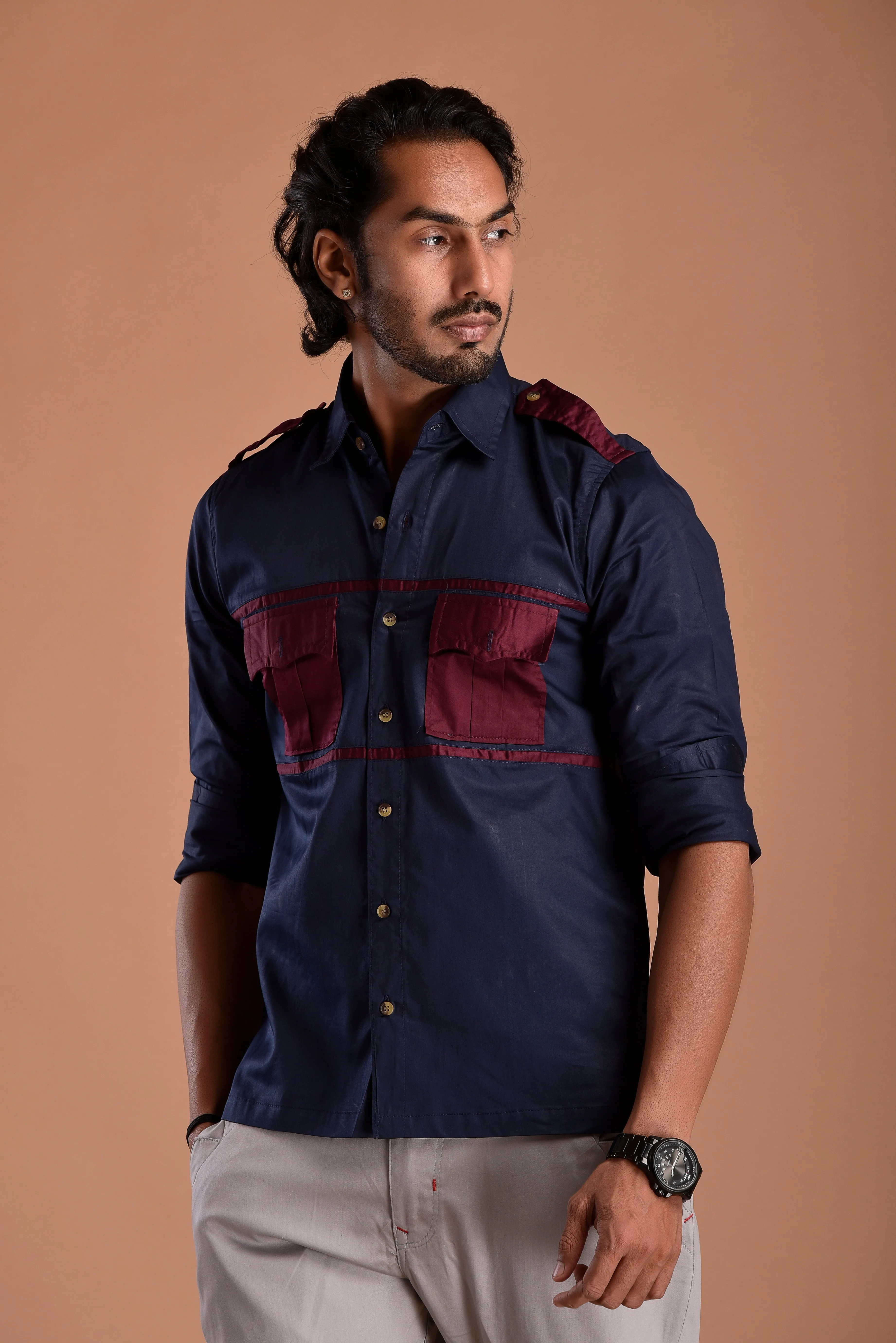 Stylish Navy-Blue Hunting Style Shirt