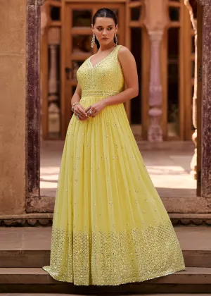 Tempting Yellow Real Georgette Embroidered Anarkali Gown