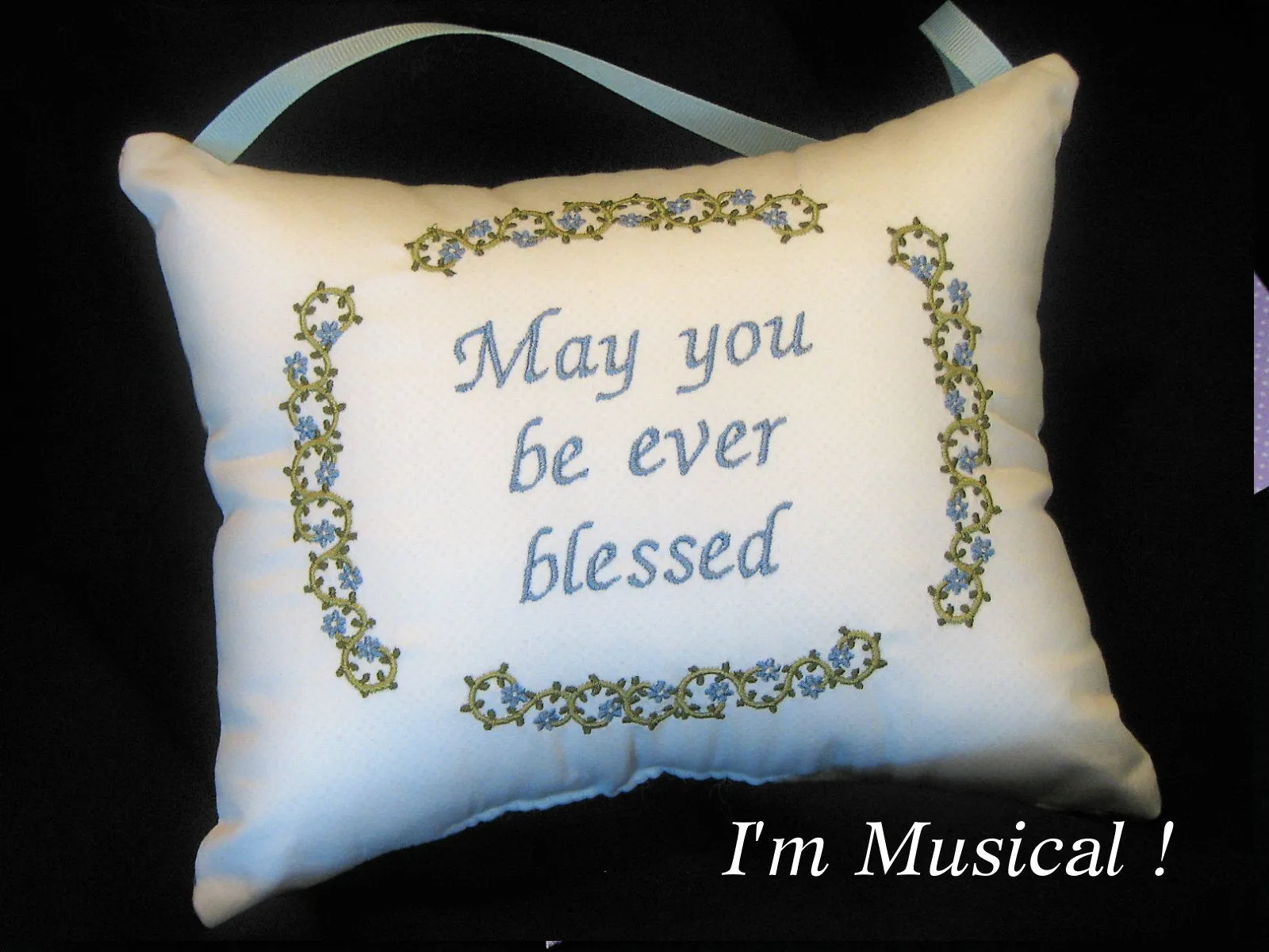 Twirling Vines & Periwinkle Music Box Pillow -- Personalized Embroidered MUSICAL Keepsake