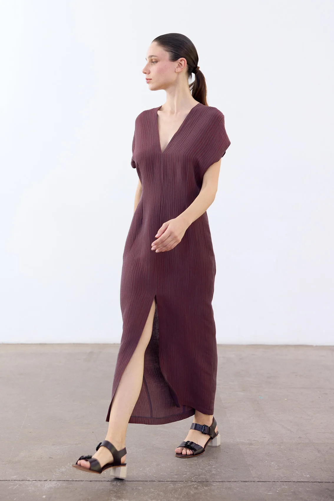 V-Neck Streaked Silk-Linen Long Dress - Mora