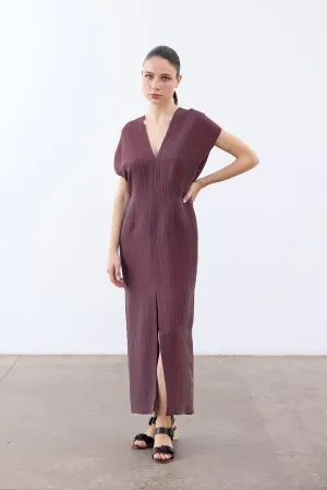 V-Neck Streaked Silk-Linen Long Dress - Mora