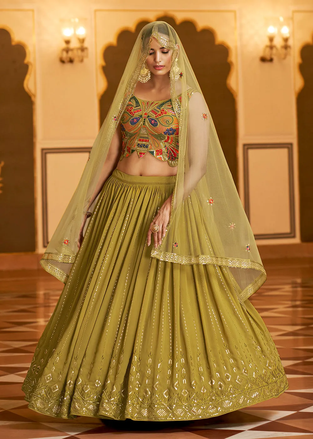 Wedding Reception Fluorescent Green Trendy Lehenga Choli