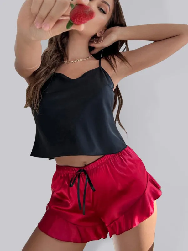 Women's Contrasting Color Camisole   Shorts Pajamas Two-Piece Set