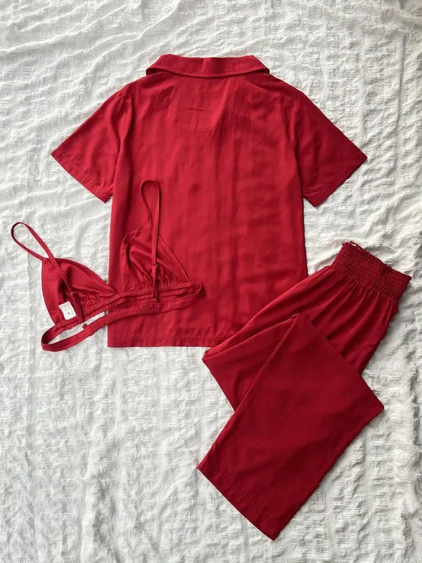 Women's solid color knitted casual pajamas three-piece set